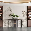 Modern Chinese Entryway Design With Console Table Side Cabinet Landscape Painting And Green Plant