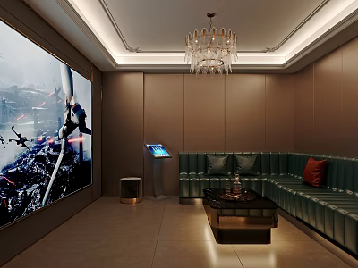 Modern KTV Room Featuring Large Screen Leather Sofa Touchscreen Console And Chandelier Coffee Table 3d model