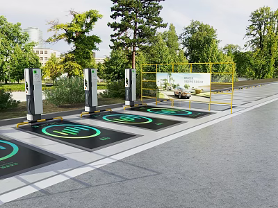 Outdoor Parking Lot Featuring Electric Vehicle Charging Stations and Green Landscaped Surroundings 3d model