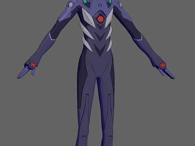 Futuristic Game Movie Character In Dark Blue Bodysuit With Purple White Lines And Red Emblems 3d model