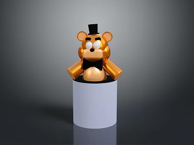 Golden Bear Figurine with Black Top Hat and Bow Tie on White Cylindrical Base 3d model