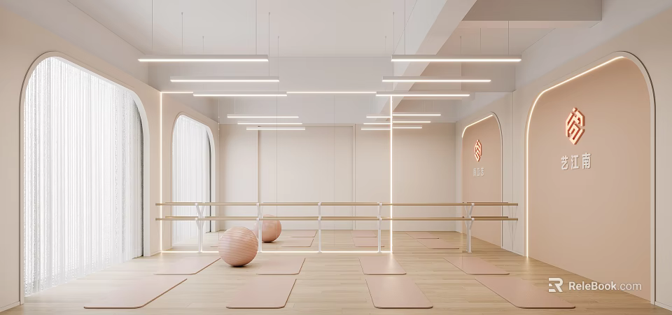 Minimalist Yoga Studio Interior With Mats Balls And Barres 3d model 