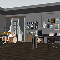 Public Office Space With Desk Chair Sofa Bookshelf Wall Art Vinyl Records And Wooden Flooring