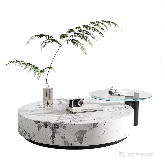 Modern Marble Coffee Table With Glass Side Table Plant Camera And Magazine 3d model