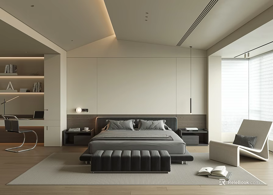 Modern Minimalist Bedroom Interior With Bed Nightstands Armchair Bookshelf And Rug 3d model 
