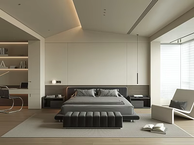 Modern Minimalist Bedroom Interior With Bed Nightstands Armchair Bookshelf And Rug 3d model