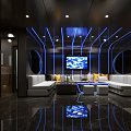 Modern KTV Room Interior With LED Lighting Leather Sofas TV Screens And Purple Decorative Plants