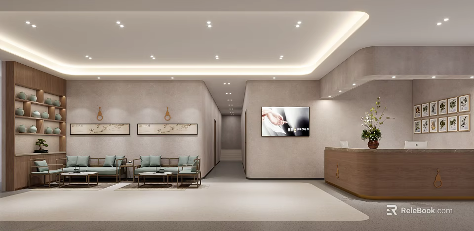 Modern Waiting Area With Comfortable Sofas Decorative Paintings Recessed Lighting And Reception Desk 3d model 