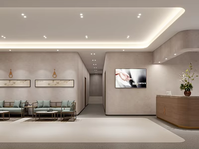 Modern Waiting Area With Comfortable Sofas Decorative Paintings Recessed Lighting And Reception Desk 3d model