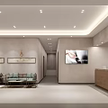 Modern Waiting Area With Comfortable Sofas Decorative Paintings Recessed Lighting And Reception Desk