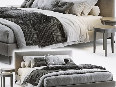Cozy Modern Double Bed With Soft Pillows Plush Blanket And Wooden Bedside Tables 3d model