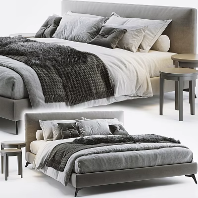 Cozy Modern Double Bed With Soft Pillows Plush Blanket And Wooden Bedside Tables 3d model