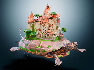 Cartoon Scene of Floating Turtle Carrying Castle with Green Plants and Red Roofs 3d model