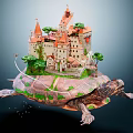 Cartoon Scene of Floating Turtle Carrying Castle with Green Plants and Red Roofs