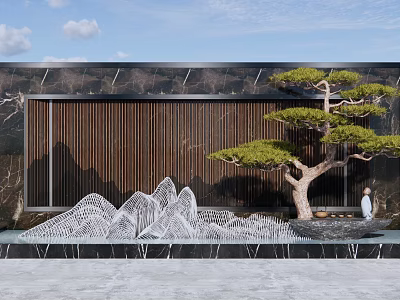 Modern Outdoor Feature Wall With Wooden Grille Pine Tree And Metal Mountain Water Feature 3d model