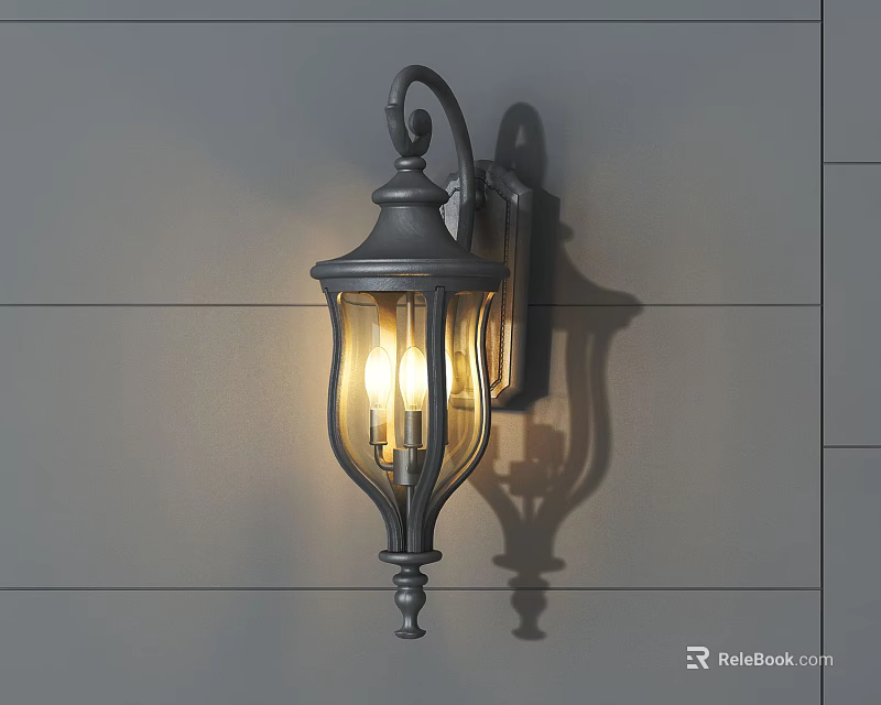 Vintage Style Illuminated Wall Sconce With Metal Frame And Glass Shade On Gray Wall 3d model 