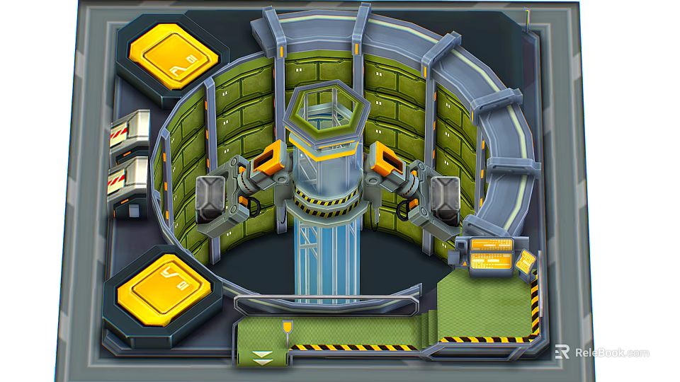 Cartoon Mechanical Sci Fi Scene With Circular Green Panels Yellow Consoles Blue Pathway Warning Stripes 3d model 