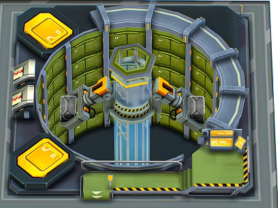 Cartoon Mechanical Sci Fi Scene With Circular Green Panels Yellow Consoles Blue Pathway Warning Stripes 3d model