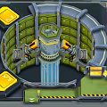 Cartoon Mechanical Sci Fi Scene With Circular Green Panels Yellow Consoles Blue Pathway Warning Stripes