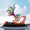 Vibrant Flower Shaped Garden Ornament With Red Lanterns Cartoon Tiger And Green Plants