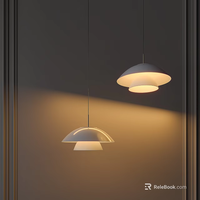 Two Modern Dome Shaped Pendant Lights With Soft Glow In Gray Wall Interior 3d model