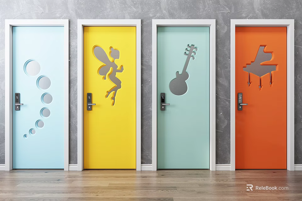 Vibrant Security Doors Featuring Various Colors And Circular Cartoon Guitar Piano Patterns 3d model