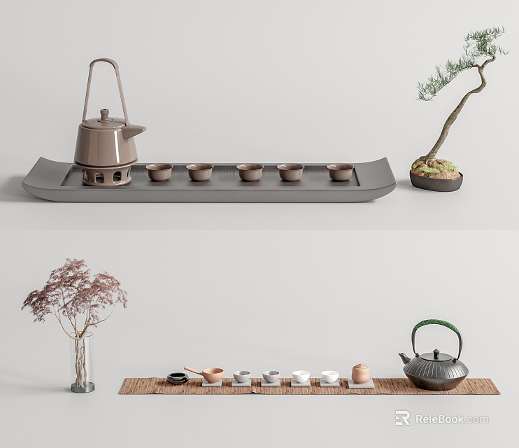 Natural Style Tea Set With Teapot Teacups Tray And Decorative Plants On Mat 3d model 