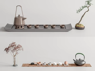 Natural Style Tea Set With Teapot Teacups Tray And Decorative Plants On Mat 3d model