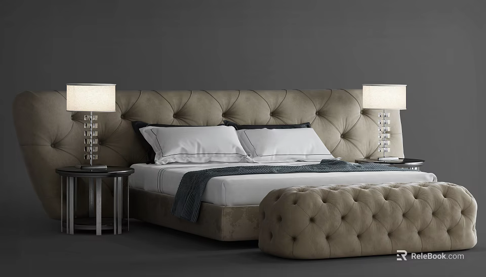 Elegant Double Bed with Tufted Beige Headboard Bedside Tables Table Lamps and Ottoman 3d model 