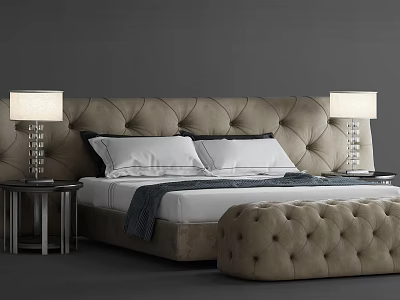 Elegant Double Bed with Tufted Beige Headboard Bedside Tables Table Lamps and Ottoman 3d model