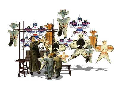 Traditional Kite Making Scene With Craftsman And Children Flying Colorful Designs 3d model