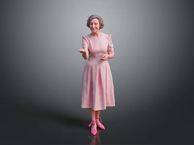 Senior woman wearing pink dress and pink shoes standing with gesturing hands on gray background 3d model