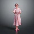 Senior woman wearing pink dress and pink shoes standing with gesturing hands on gray background