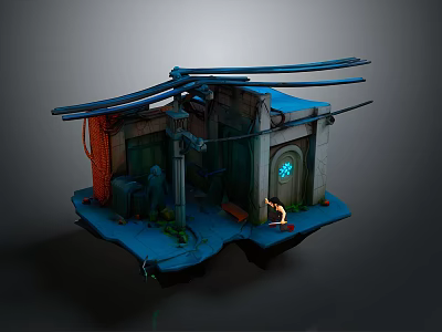 Floating Island Scene With Dilapidated Structure Glowing Blue Door Pipes Small Figure And Green Plants 3d model