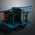 Floating Island Scene With Dilapidated Structure Glowing Blue Door Pipes Small Figure And Green Plants