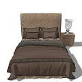 Elegant Double Bed With Textured Headboard Brown Ruffled Bedding And Nightstand Table Lamp 3d model