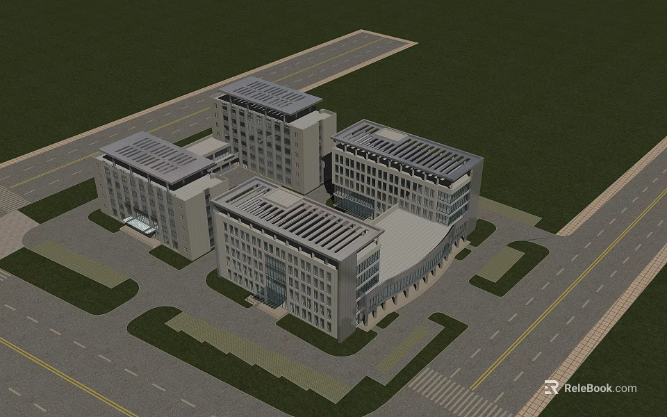 Modern Office Building Complex Featuring Flat Roofs Glass Facades And Green Surroundings 3d model 
