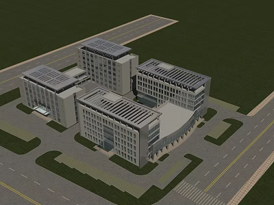 Modern Office Building Complex Featuring Flat Roofs Glass Facades And Green Surroundings 3d model