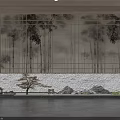 Traditional Zen Indoor Landscape With Lattice Screen Bamboo Pattern Small Tree Stones And Lantern