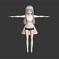 3D Model Girl With Gray Hair Pink Dress White Apron Arms Outstretched Gray Background Reflection