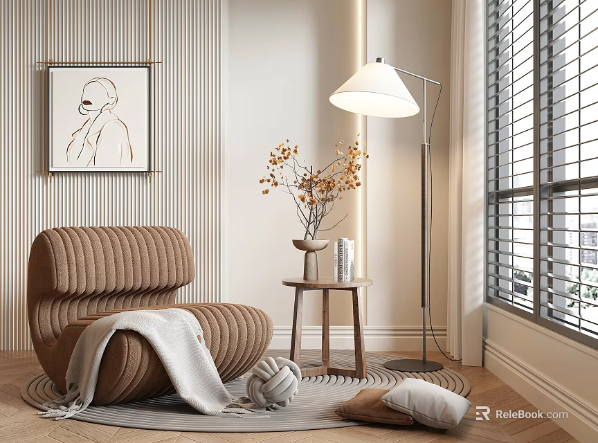 Brown Striped Lazy Sofa with Light Blanket on Wooden Floor Near Floor Lamp and Pillow 3d model 