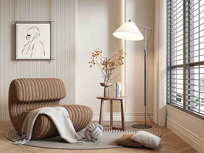 Brown Striped Lazy Sofa with Light Blanket on Wooden Floor Near Floor Lamp and Pillow 3d model