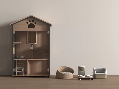 Wooden Pet Furniture With Paw Print Design Multi Tier Storage Cat Bed Food Bowl 3d model