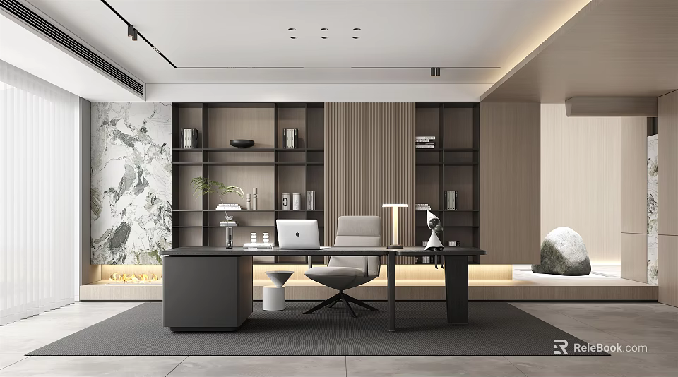 Modern Study Room Interior With Black Desk Gray Chair Bookshelves Table Lamp And Marble Wall 3d model 
