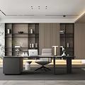 Modern Study Room Interior With Black Desk Gray Chair Bookshelves Table Lamp And Marble Wall