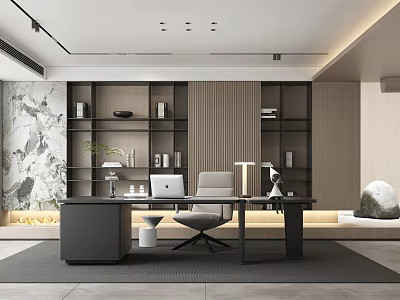 Modern Study Room Interior With Black Desk Gray Chair Bookshelves Table Lamp And Marble Wall 3d model