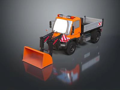 Orange Utility Vehicle With Snow Plow Attachment Truck Bed And Reflective Stripes 3d model