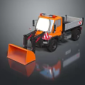 Orange Utility Vehicle With Snow Plow Attachment Truck Bed And Reflective Stripes