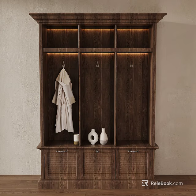 Wooden Wardrobe With Built In Lighting Hanging Robe White Vases And Drawers 3d model 