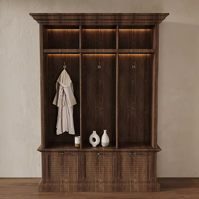 Wooden Wardrobe With Built In Lighting Hanging Robe White Vases And Drawers 3d model